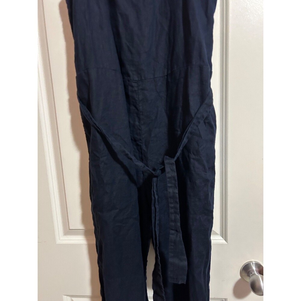 QUINCE Women's 100% European Linen Square Neck Jumpsuit Navy Tie Waist - Picture 4 of 10
